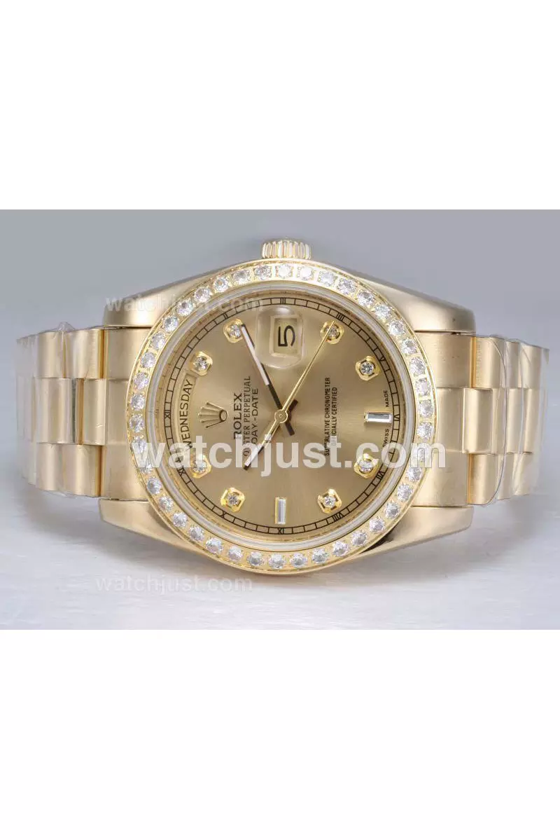 Rolex Day Date Automatic Full Gold With Diamond Bezel And Marking Golden Dial Pant11764