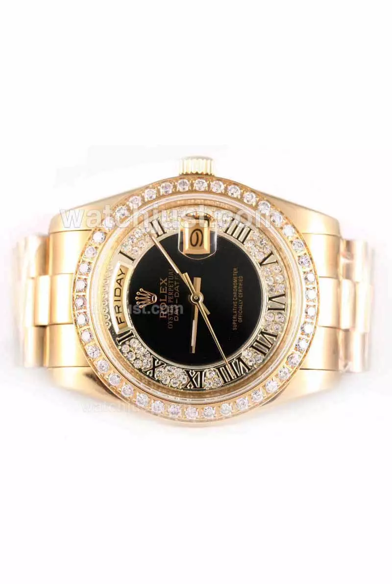 Rolex Day Date Automatic Full Gold Diamond Bezel With Black Dial Roman Marking Pant22441