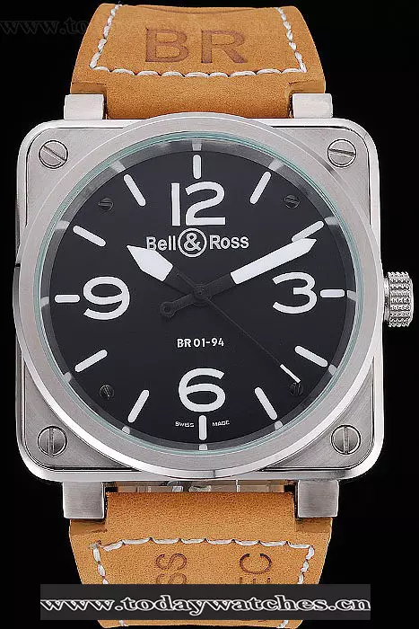 Bell And Ross Br 01 94 Black Dial Silver Case Brown Leather Strap Pant121203