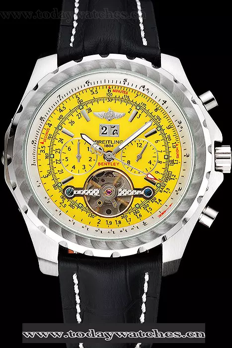 Breitling Bentley Mulliner Tourbillon Yellow Dial Stainless Steel Case Black Leather Strap Pant120711