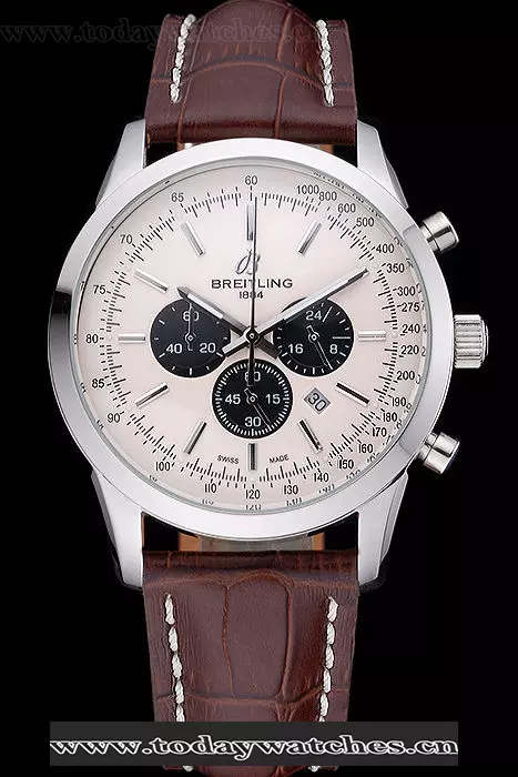 Breitling Transocean Chronograph White Dial Stainless Steel Case Brown Leather Bracelet Pant60139