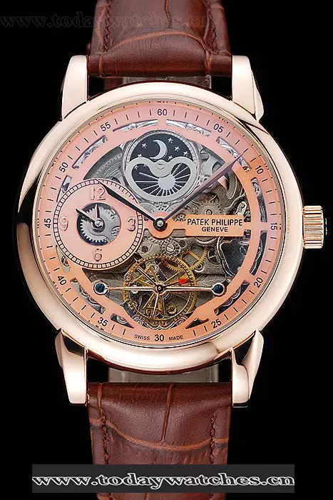 Patek Philippe Dual Time Moonphase Tourbillon Gold Skeletonised Dial Rose Gold Case Brown Leather Strap Pant121081