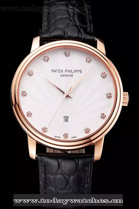 Patek Philippe Calatrava Date White Dial Rose Gold Case Black Leather Strap Pant121959