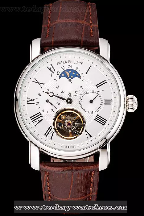 Patek Philippe Grand Complications Moonphase Perpetual Calendar Tourbillon White Dial Stainless Steel Case Brown Leather Strap Pant122621